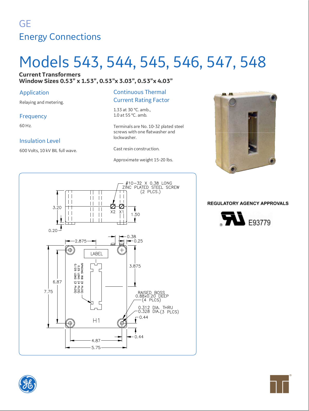 Instrument Transformer, Div of GE 543, 544, 545, 546, 547 Data Sheet