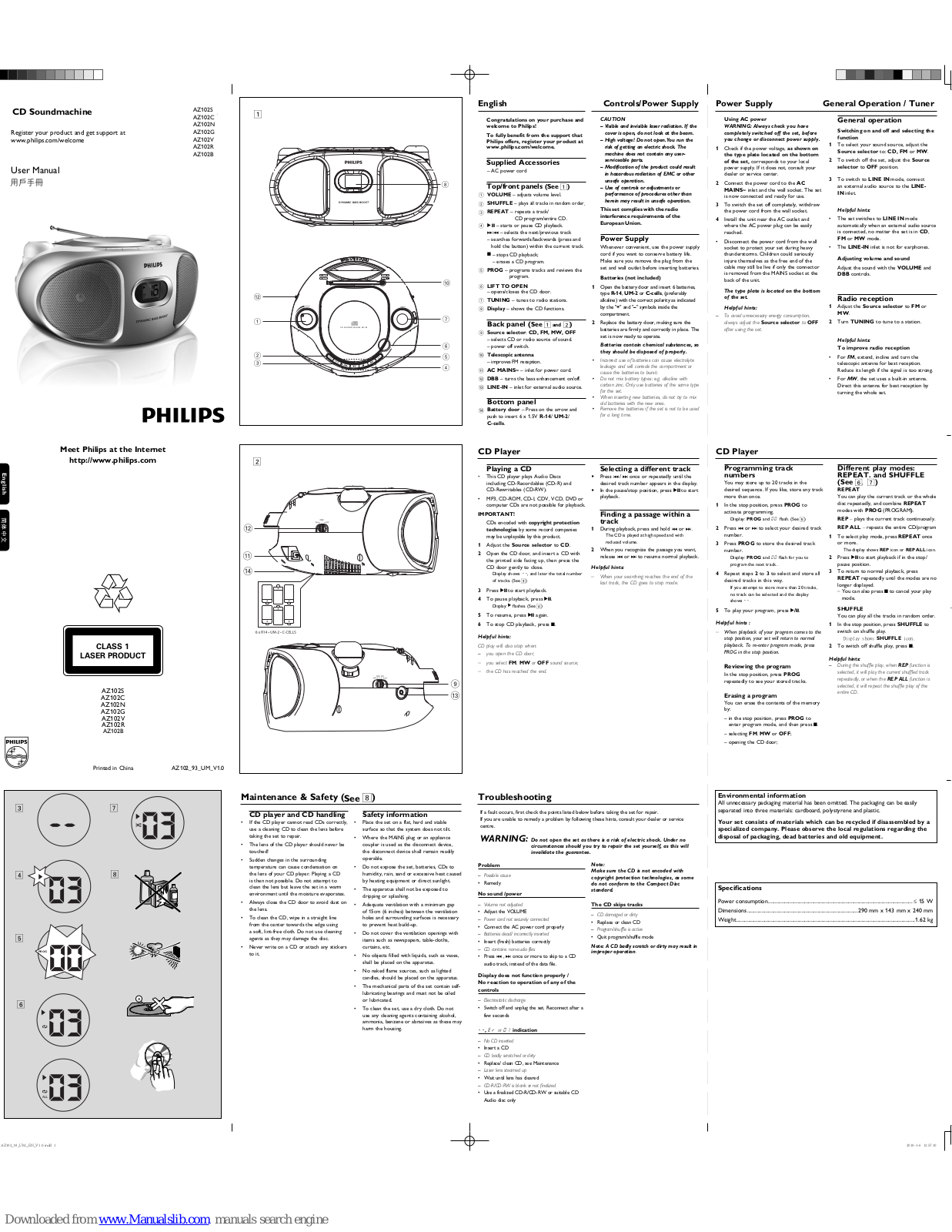 Philips AZ102S/93, AZ102S, AZ102C, AZ102N, AZ102G User Manual