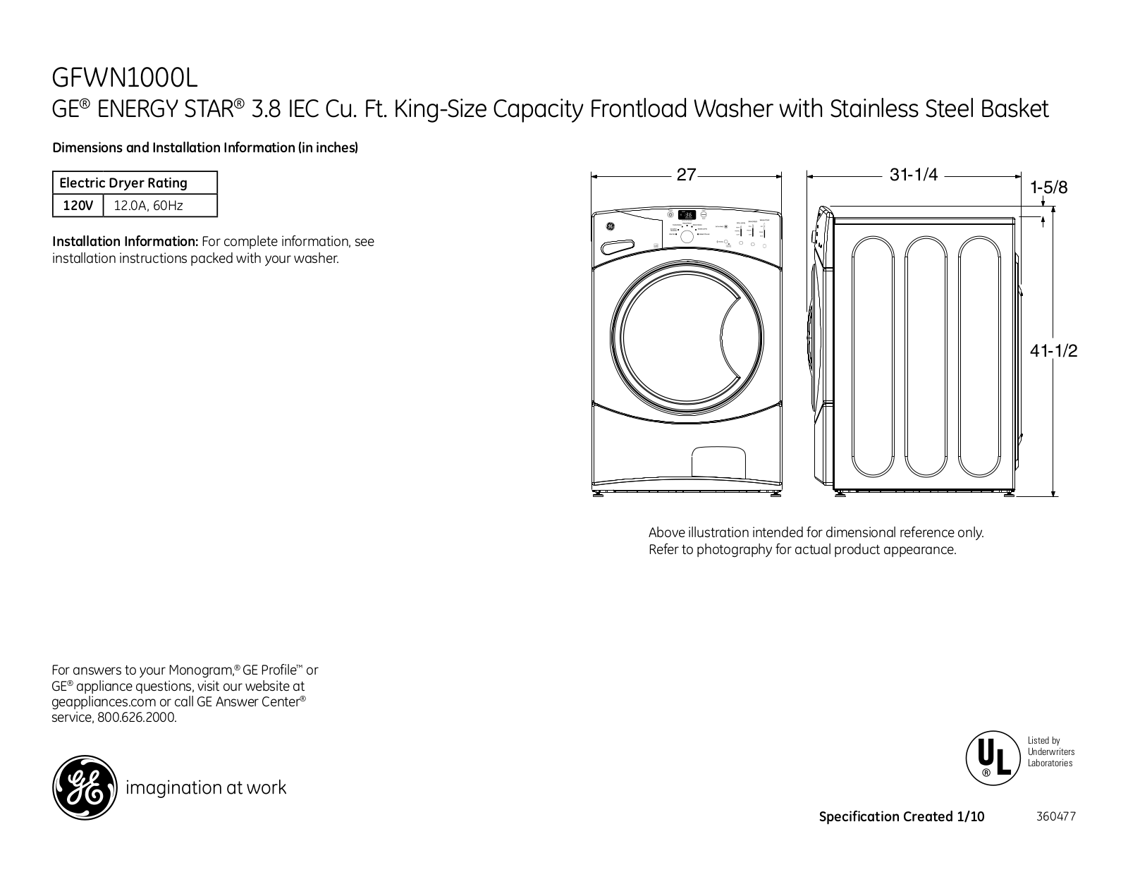 GE GFWN1000L Specification