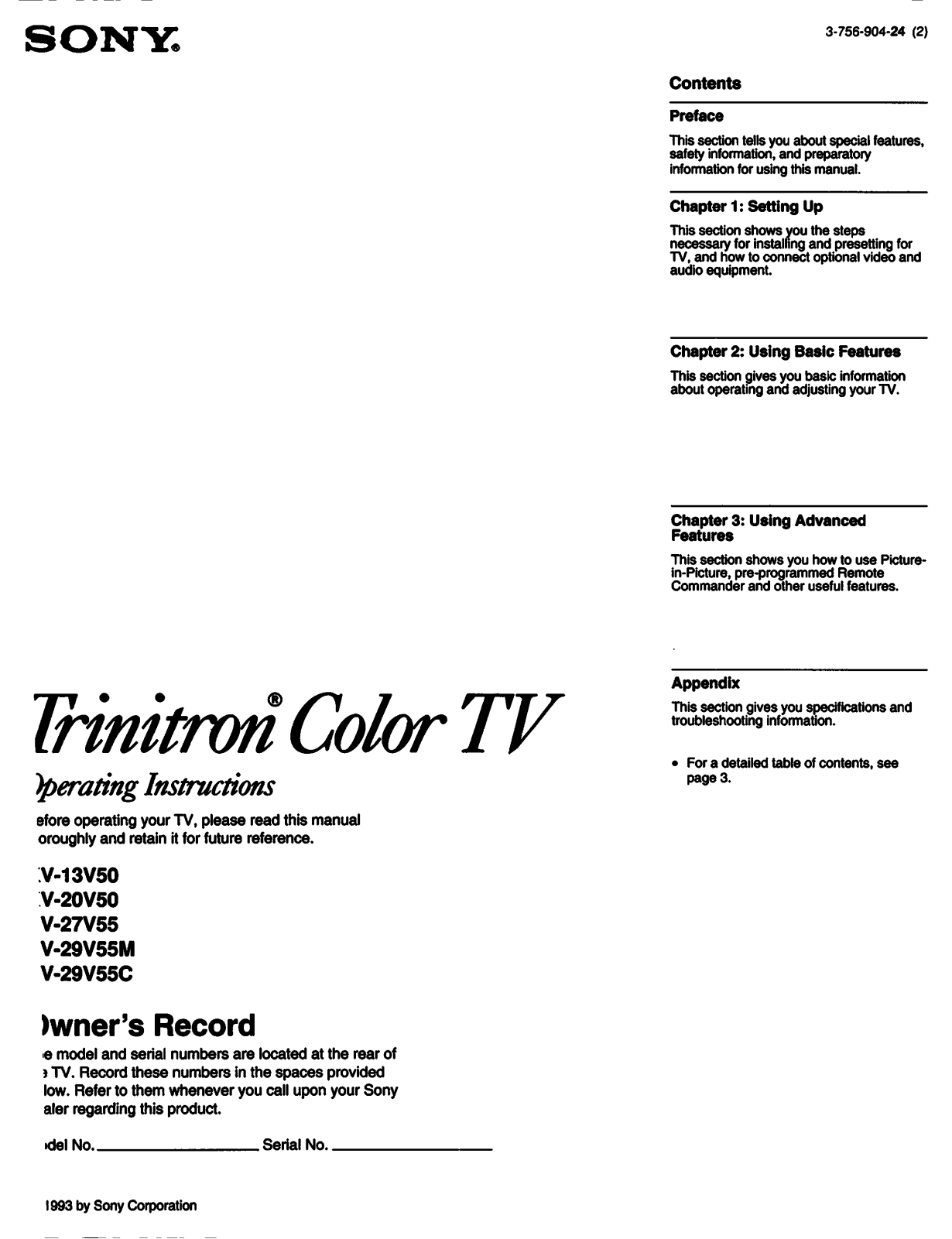 Sony KV-27V55 Operating Instructions