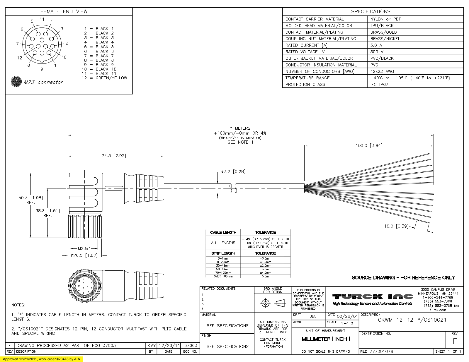 Turck CKWM12-12-10/CS10021 Specification Sheet