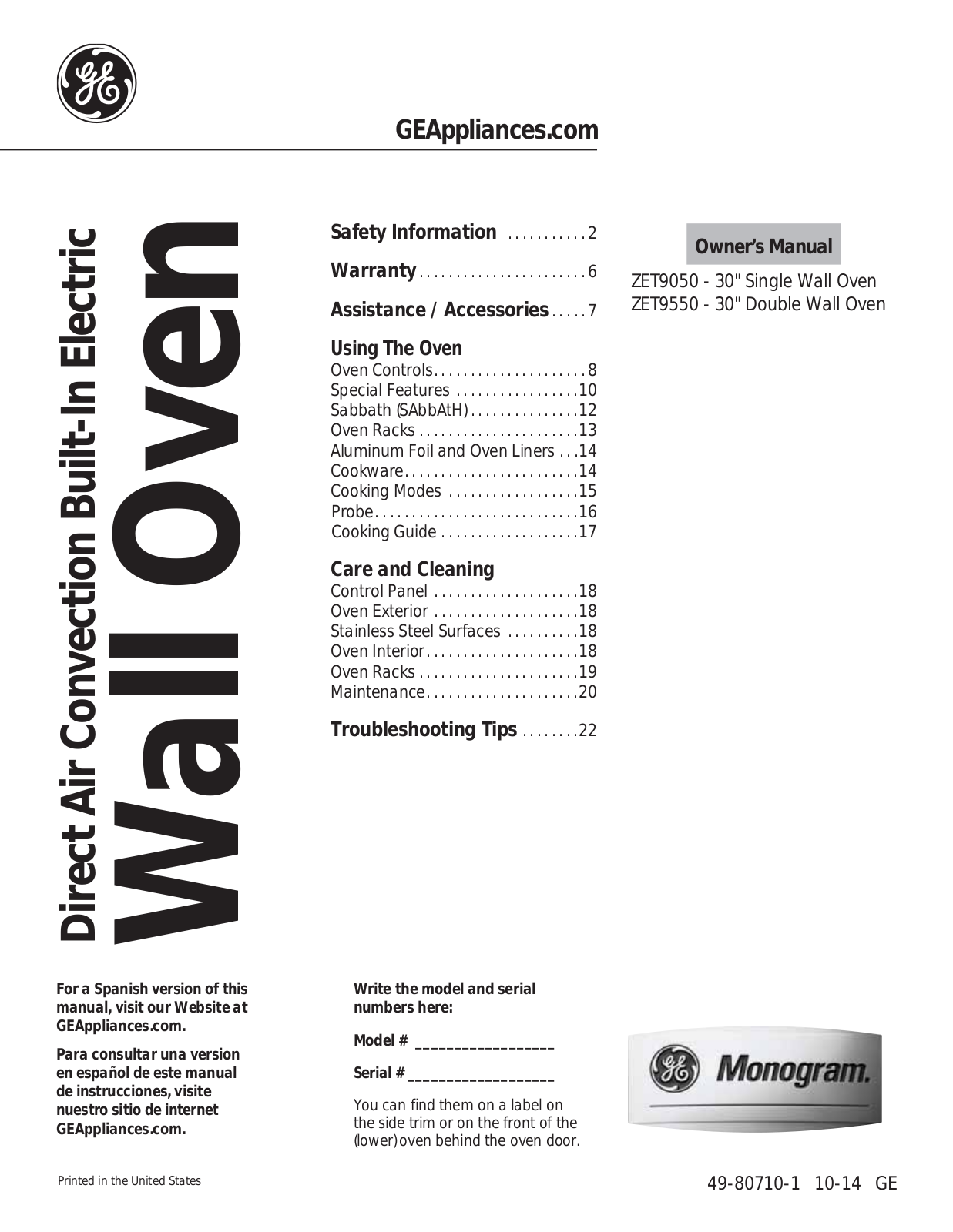 Monogram Appliances ZET9050SHSS User Manual