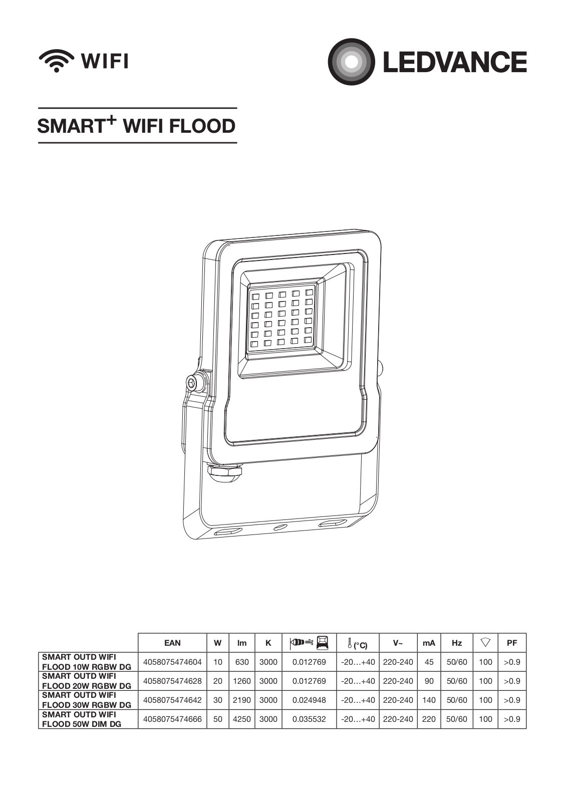 LEDVANCE SMART OUTD WIFI FLOOD 10W RGBW DG, SMART OUTD WIFI FLOOD 20W RGBW DG, SMART OUTD WIFI FLOOD 30W RGBW DG, SMART OUTD WIFI FLOOD 50W DIM DG User guide