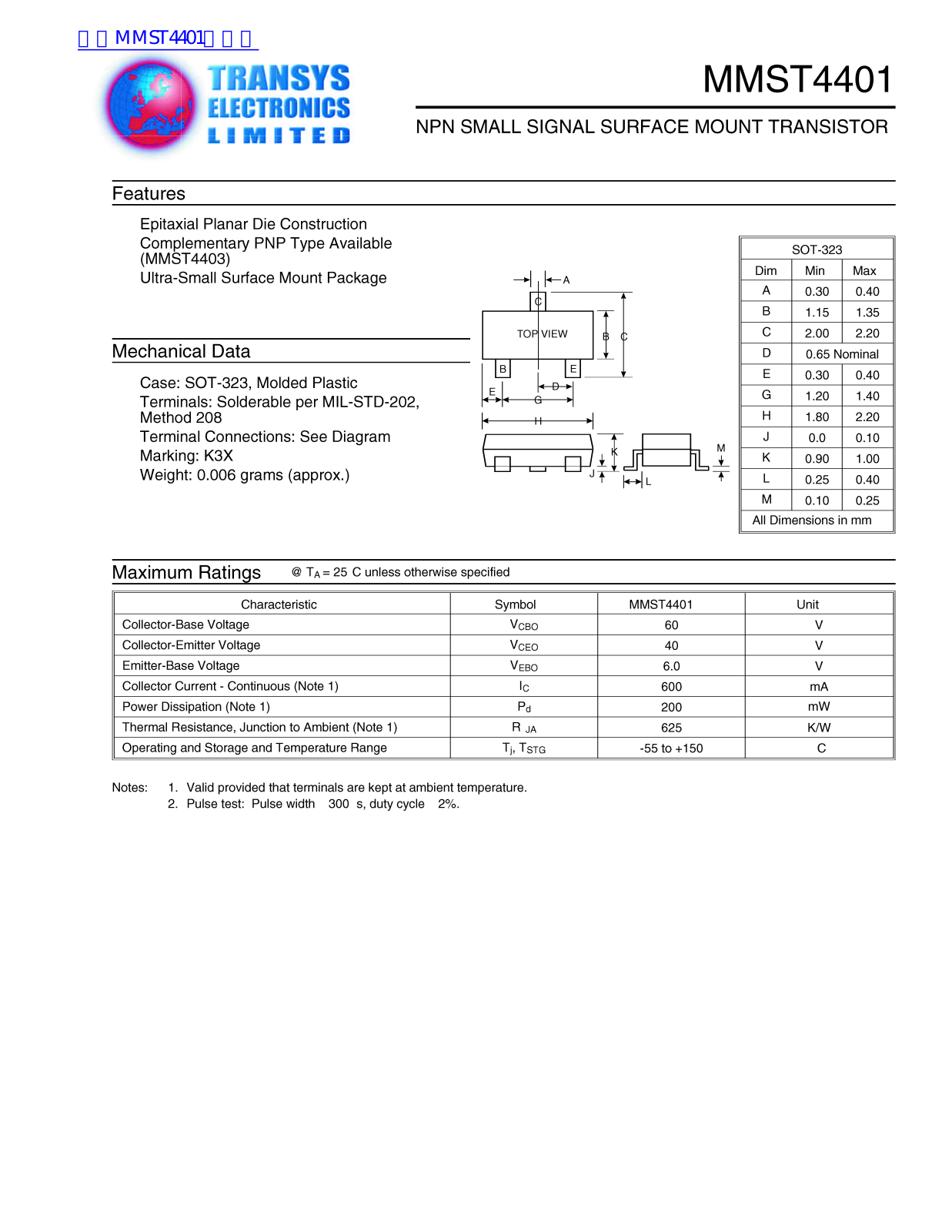 Transys Electronics MMST4401 Technical data