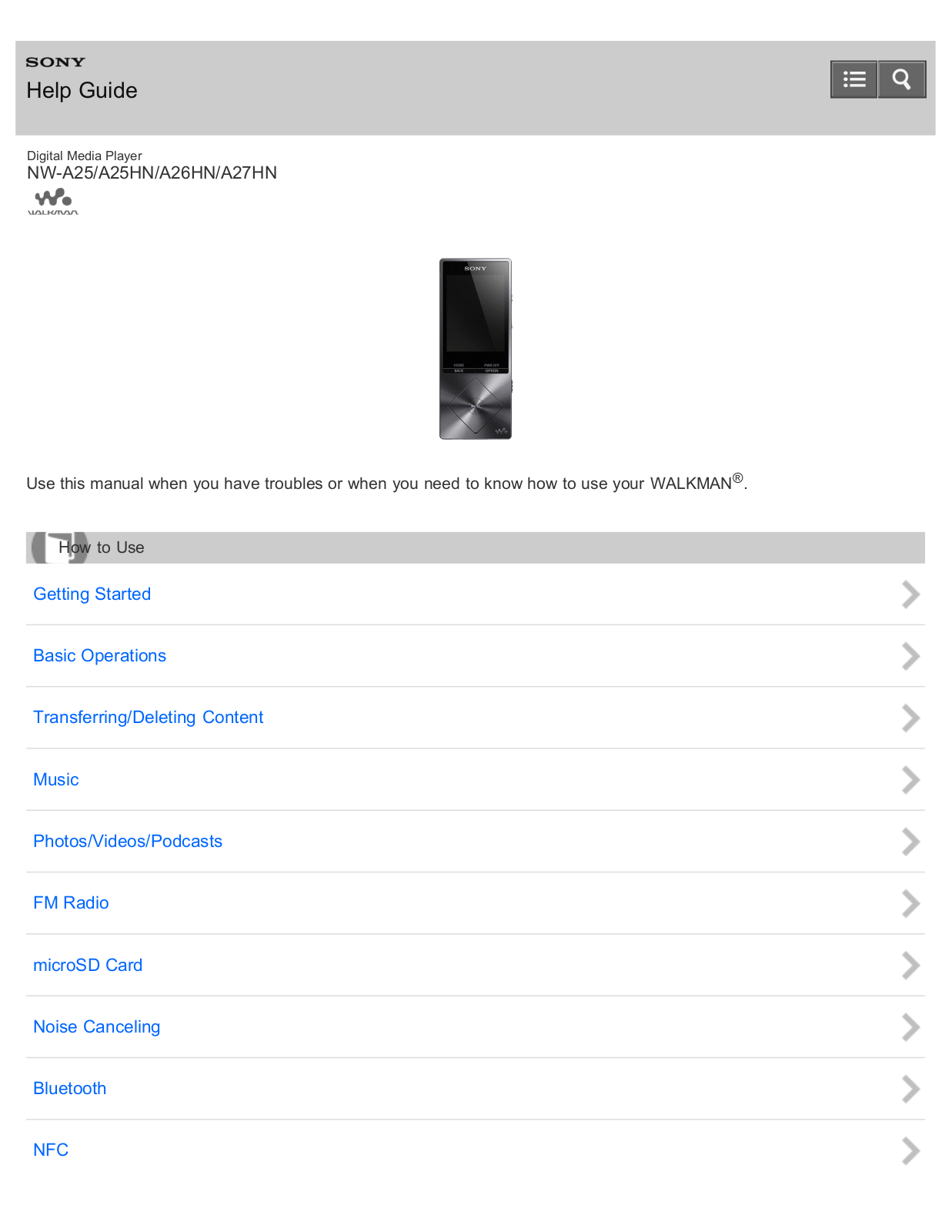 Sony NW-A27HN Help Guide