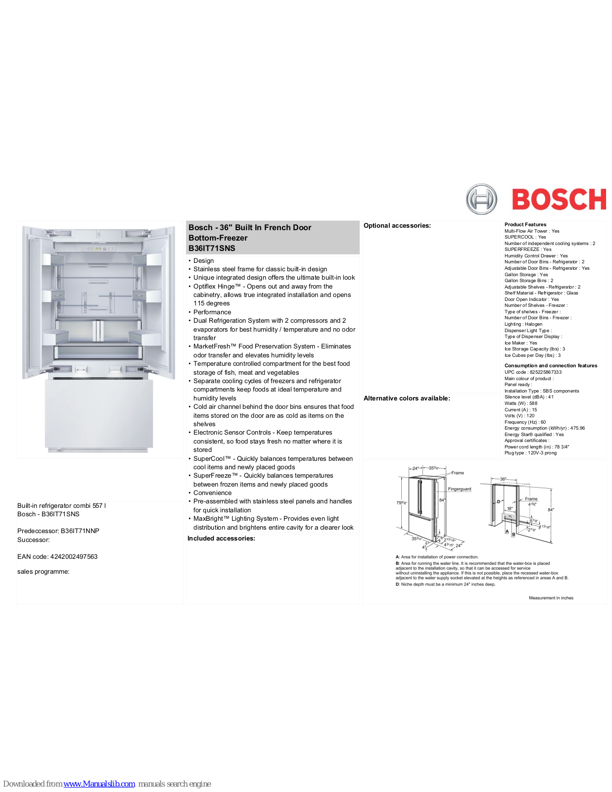 Bosch Integra B36IT71SNS Specifications