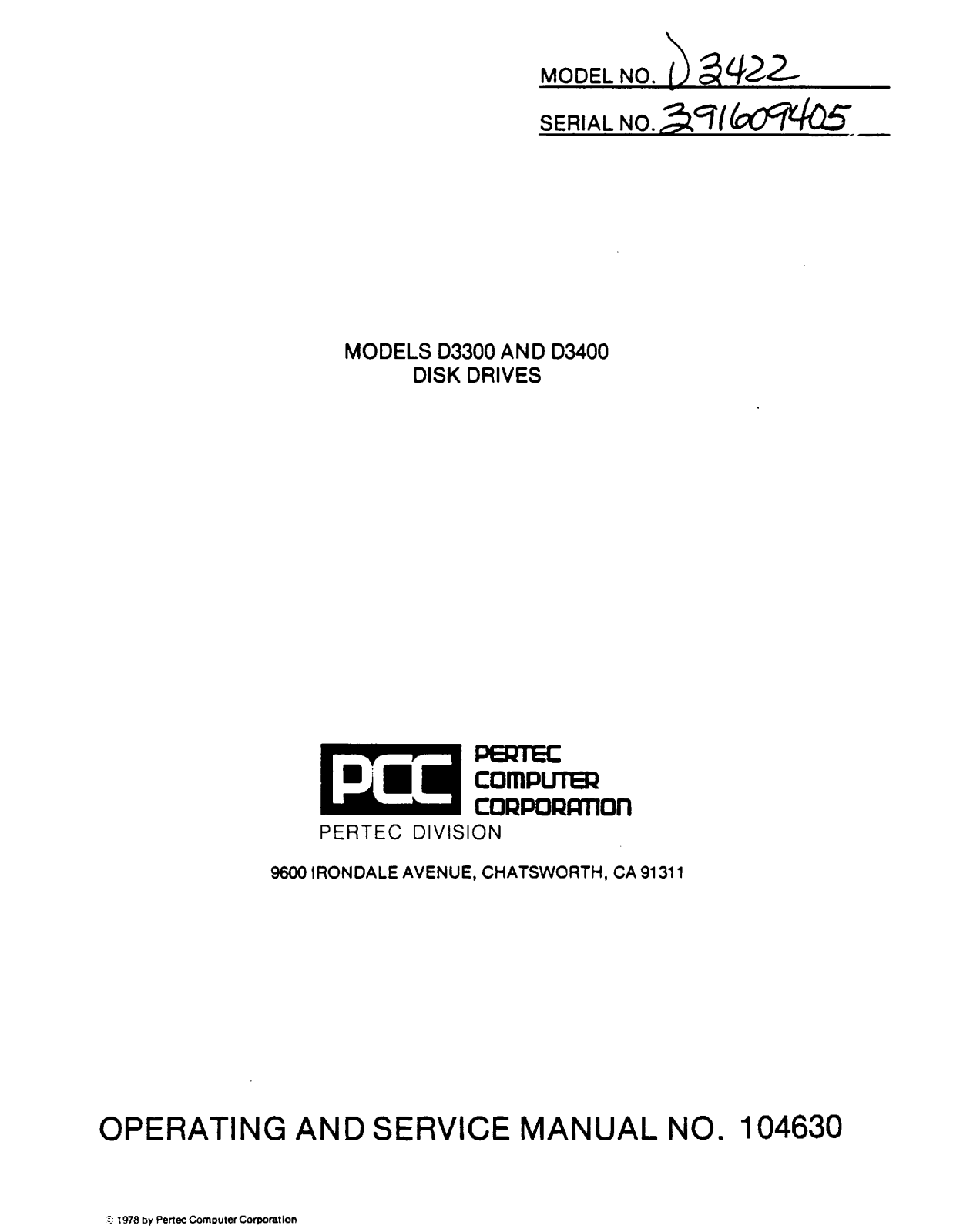 PCC D3400, D3300 Operating And Service Manual