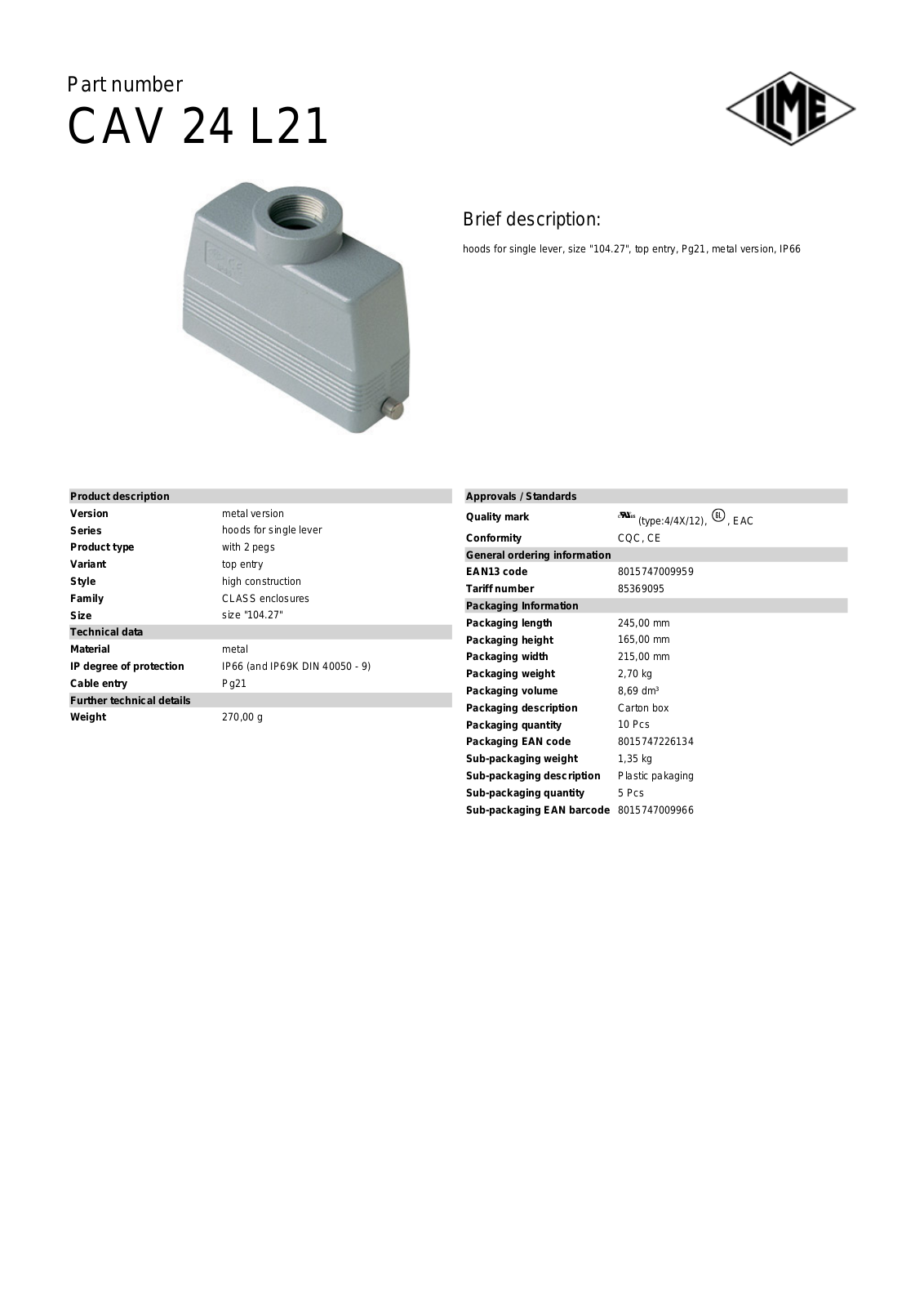 Datasheet CAV-24L21 Datasheet (ILME) - ManualMachine.com