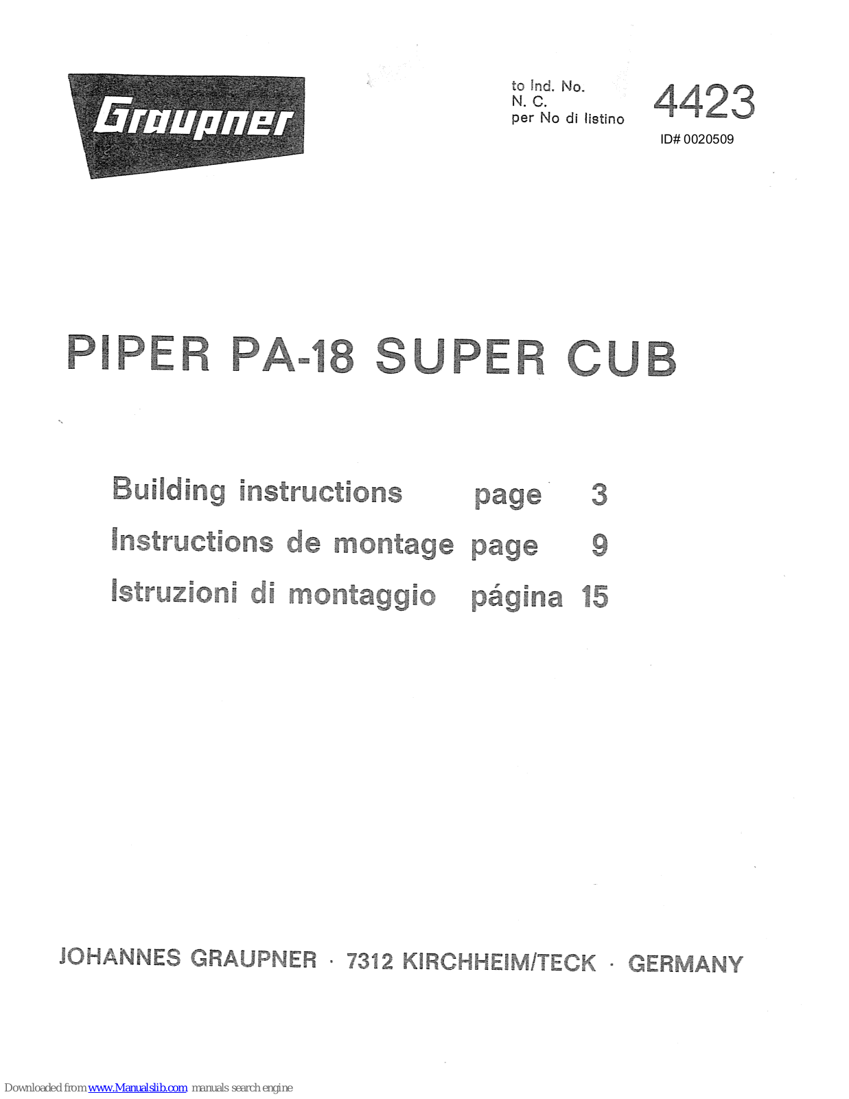 GRAUPNER PIPER PA 18 SUPER CUB, PIPER PA 18 SUPER CUB 4423 Building Instructions