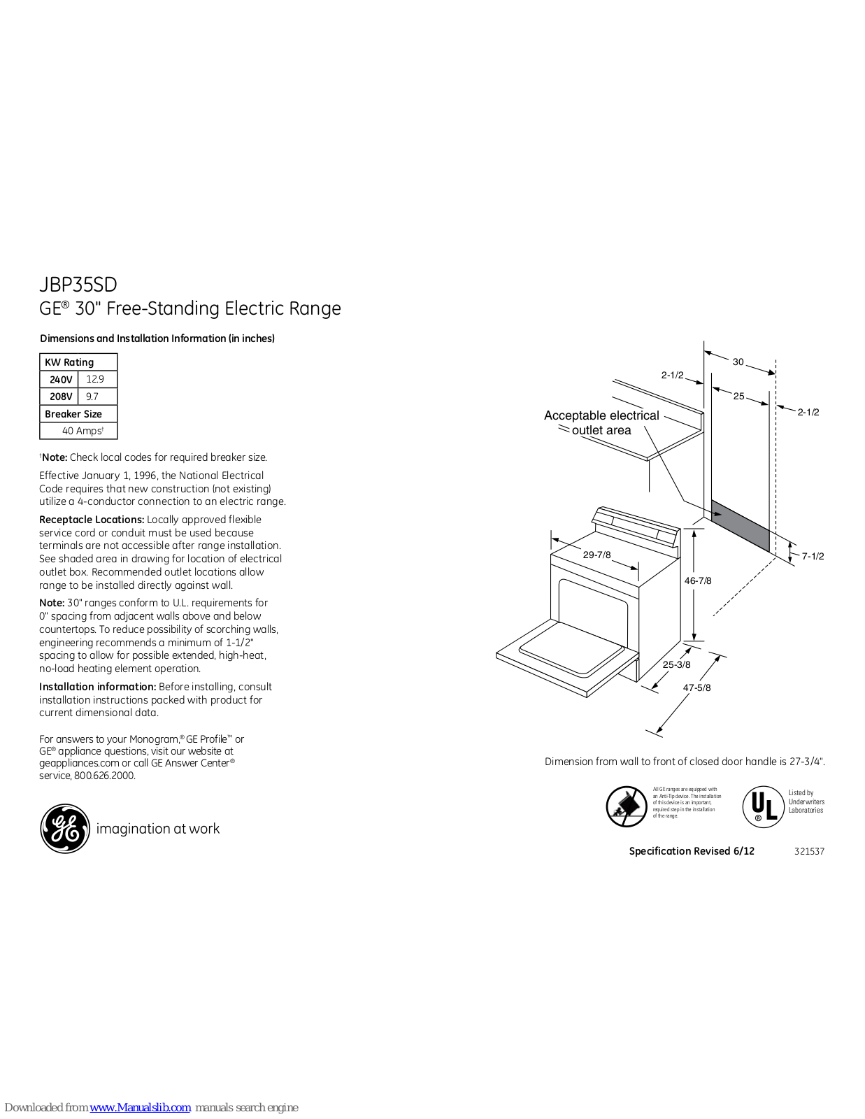 GE JBP35SDSS, JBP35SD Dimensions And Installation Information