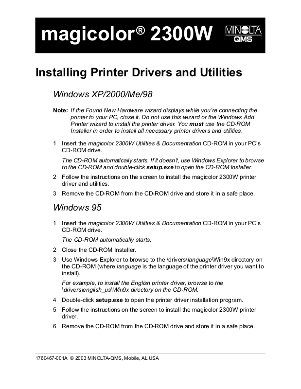 KONICA MINOLTA magicolor 2300W Installation Guide