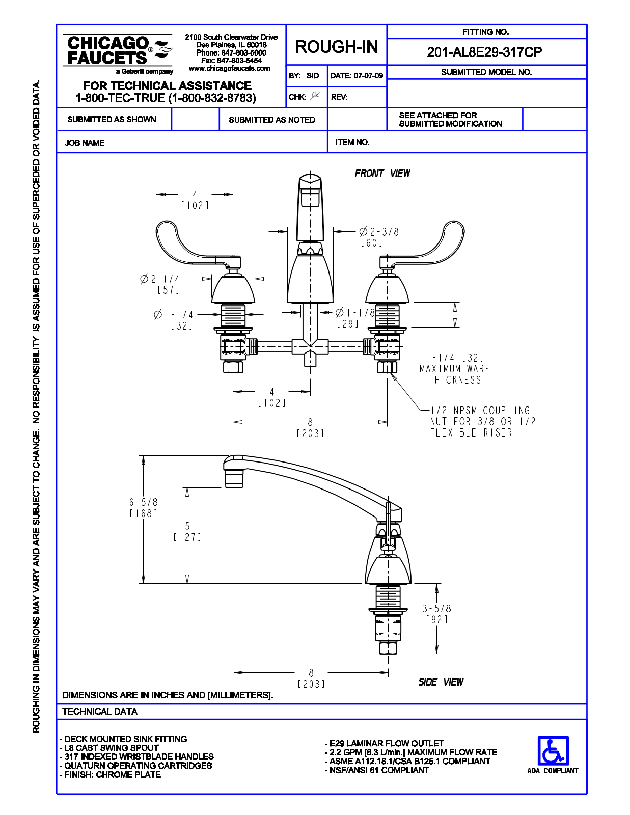 Chicago Faucet 201-AL8E29-317CP User Manual