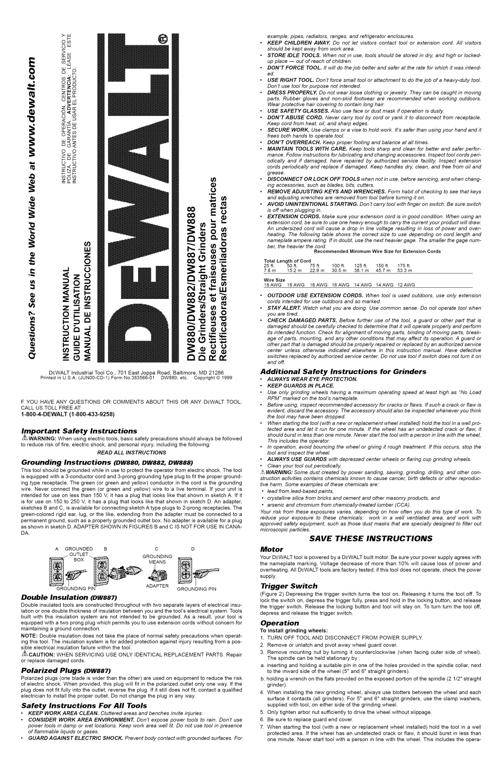 DeWalt DW888 TYPE2, DW888 TYPE1, DW887 TYPE2, DW887 TYPE1, DW882 TYPE1 Owner’s Manual