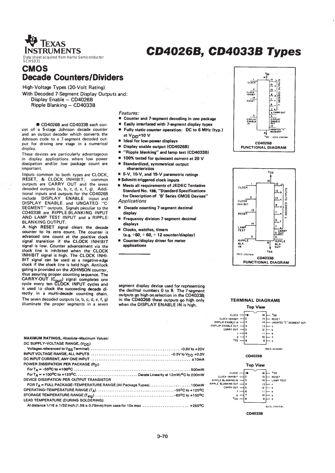 Datasheet CD4033BPWR, CD4033BNSR, CD4033BE, CD4026BPWR, CD4026BE Datasheet (Texas Instruments) - ManualMachine.com