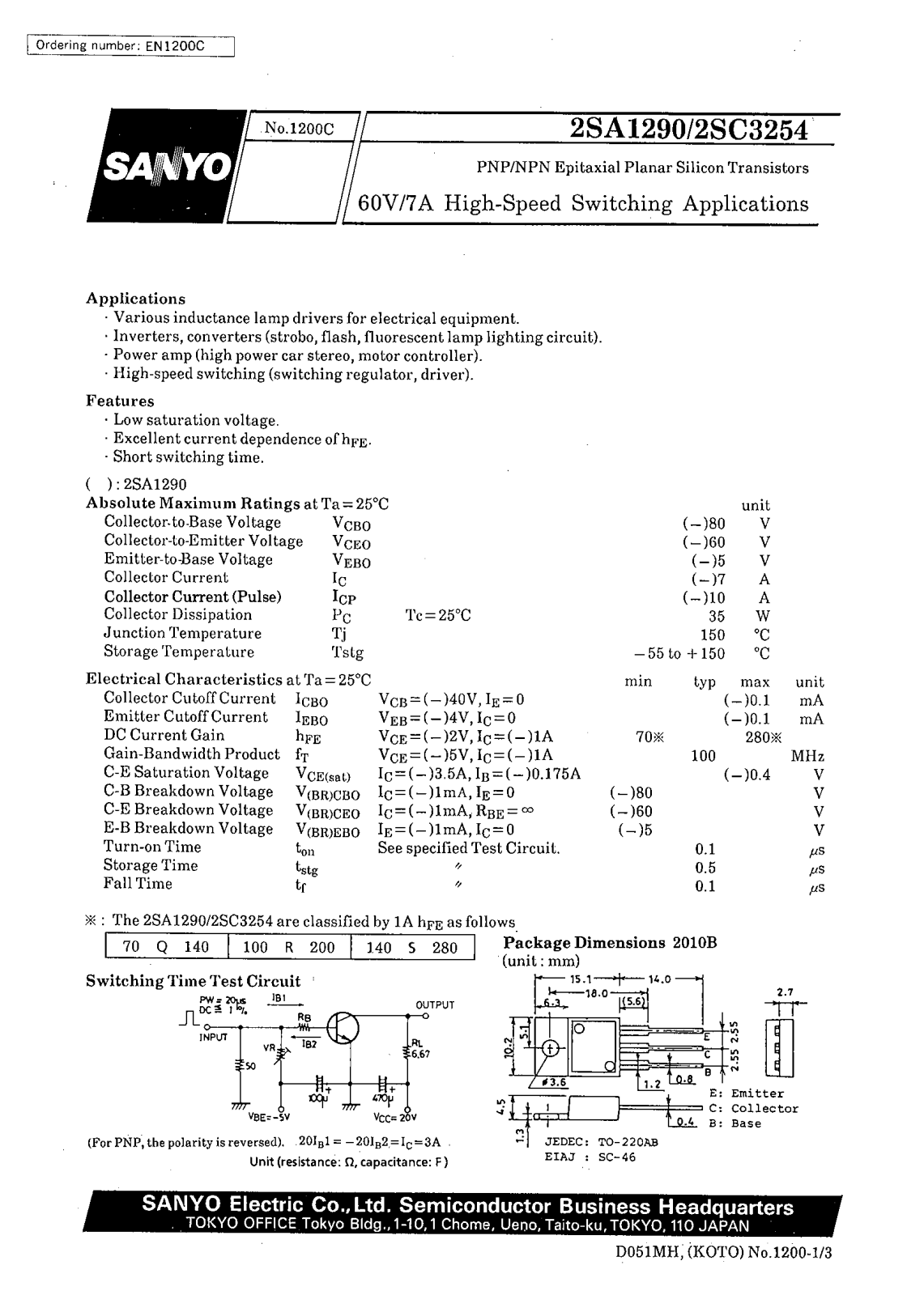 SANYO 2SC3254, 2SA1290 Datasheet