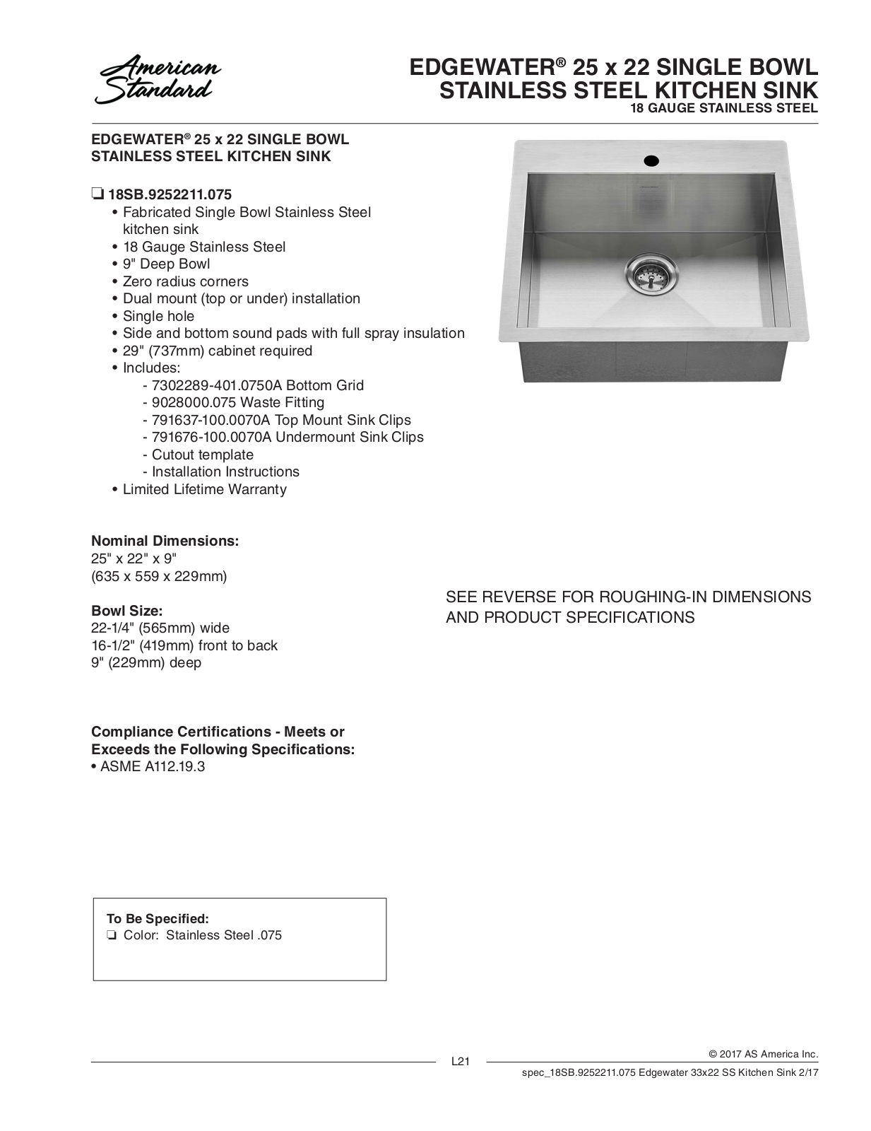 American Standard ASD10335 Specification Sheet - ManualMachine.com