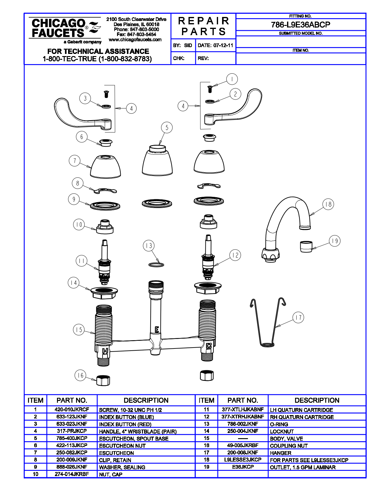 Chicago Faucet 786-L9E36AB Parts List