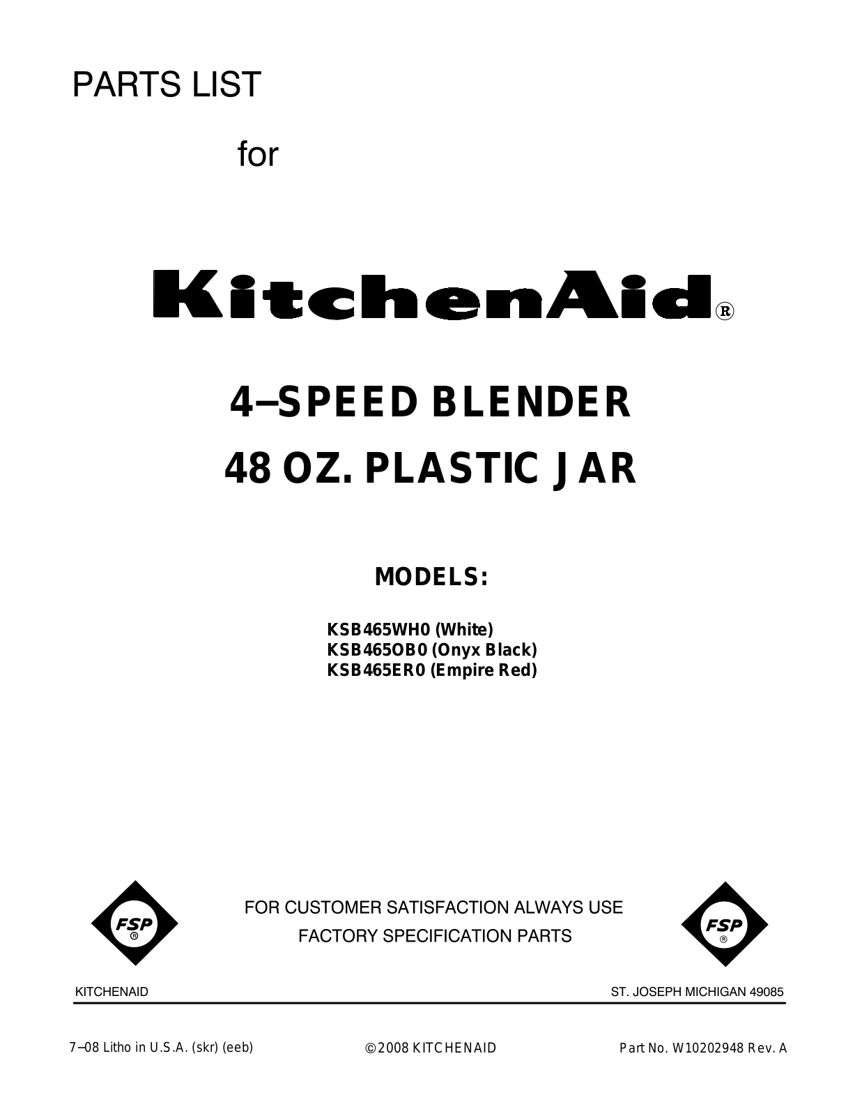 KitchenAid KSB465ER0, KSB465WH0, KSB465OB0 User Manual