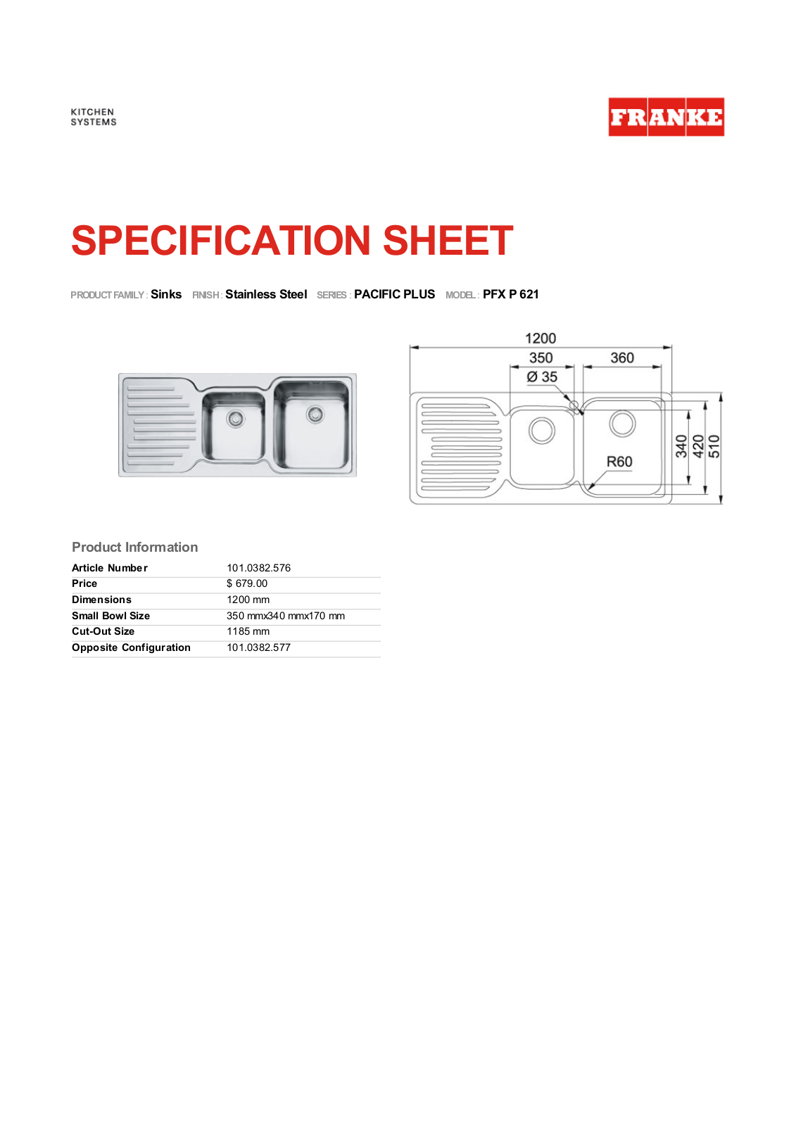 Franke PFX-P621RHD Specifications Sheet