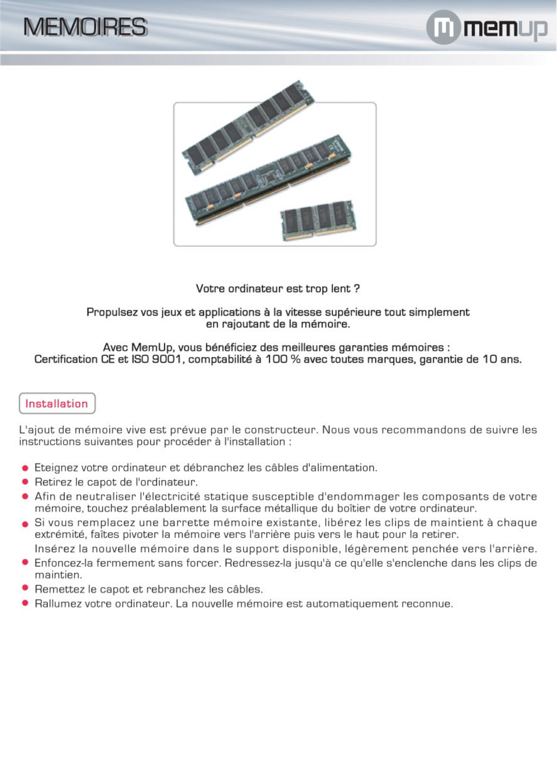 MEMUP BARETTES MEMOIRE User Manual