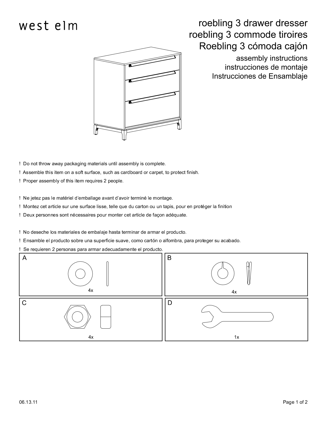 West Elm Roebling Bedroom Collection 3 Drawer Dresser Assembly Instruction