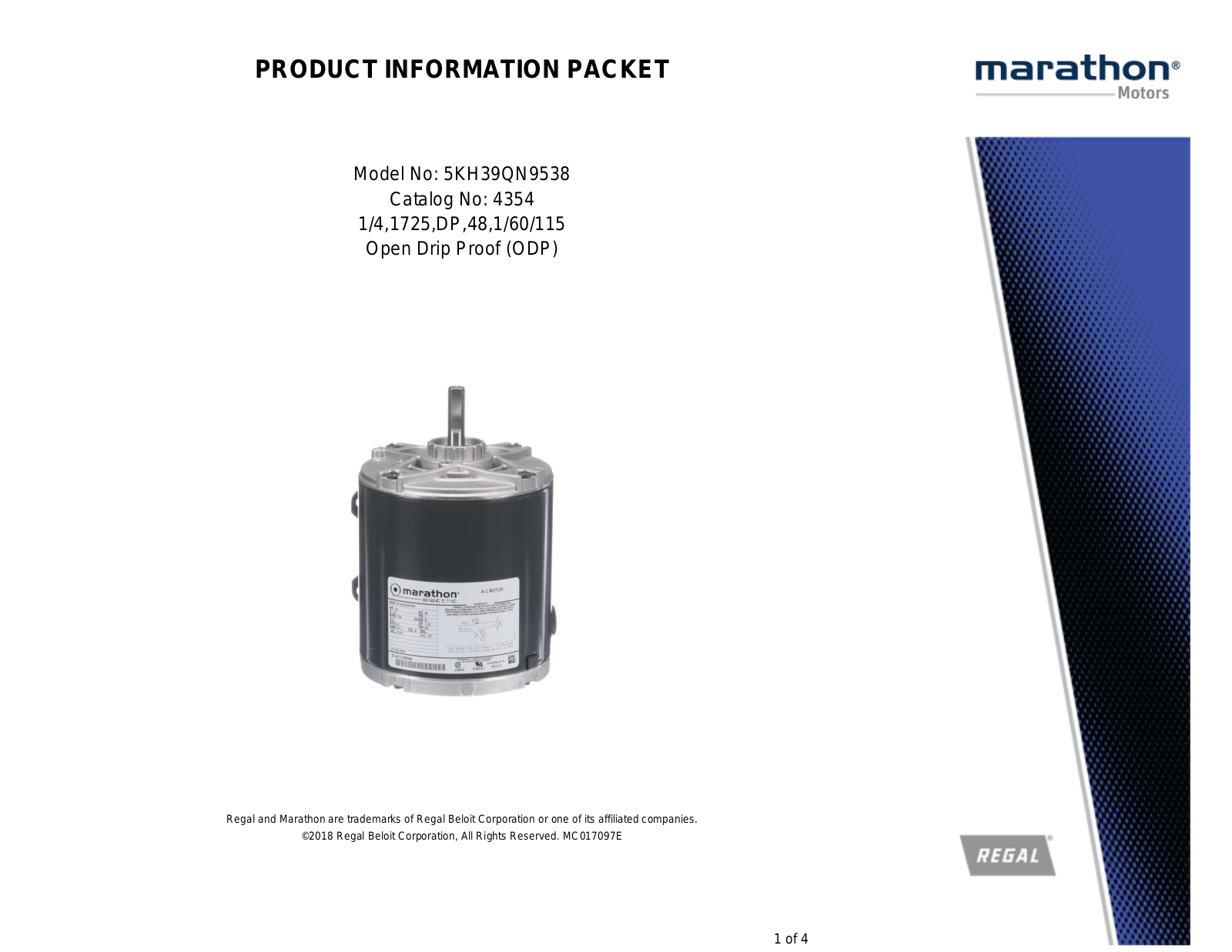 Marathon Electric 5KH39QN9538 Product Information Packet