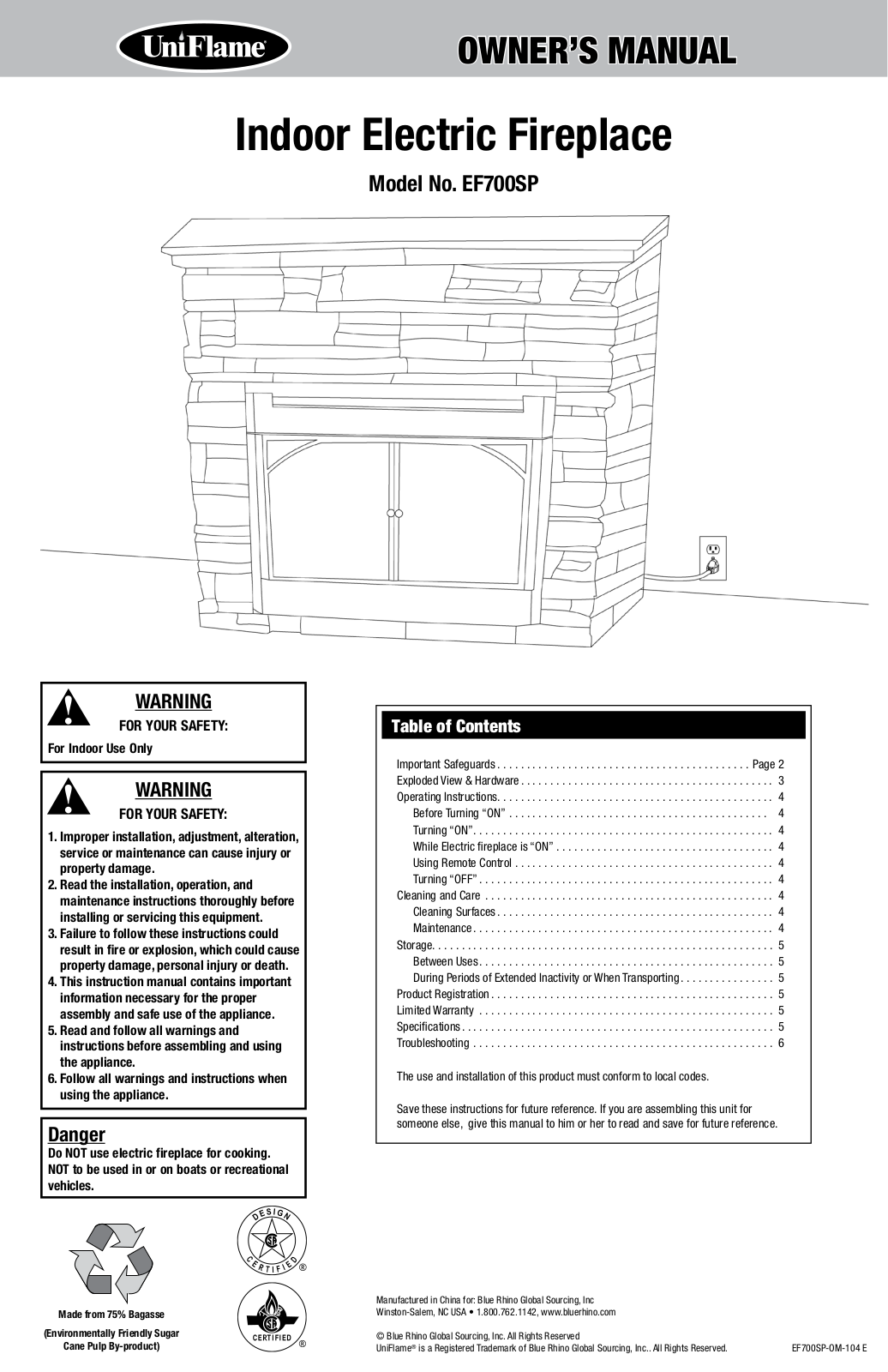 Uniflame EF700SP User Manual