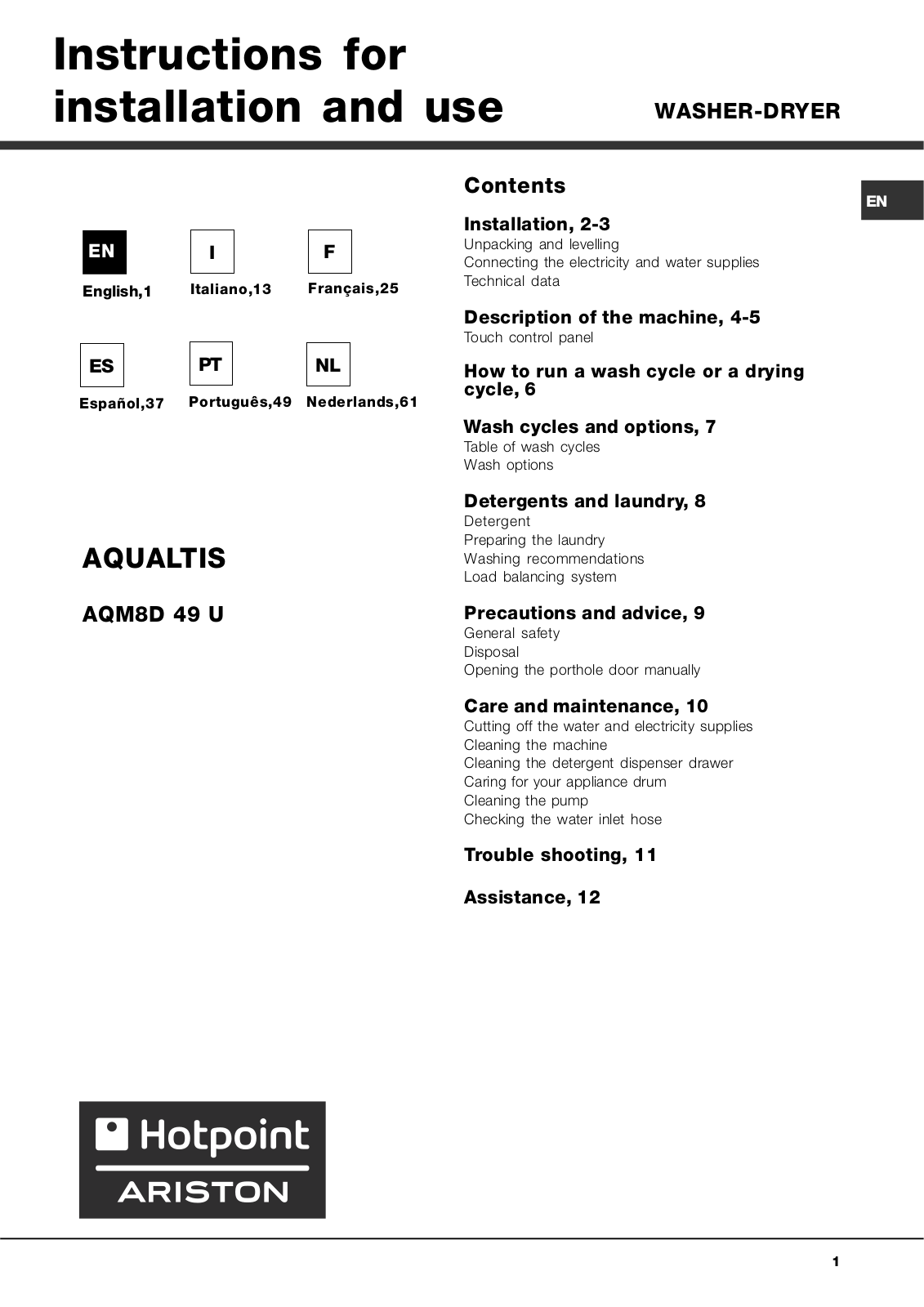 HOTPOINT AQM8L129I, AQM8L29IV User Manual