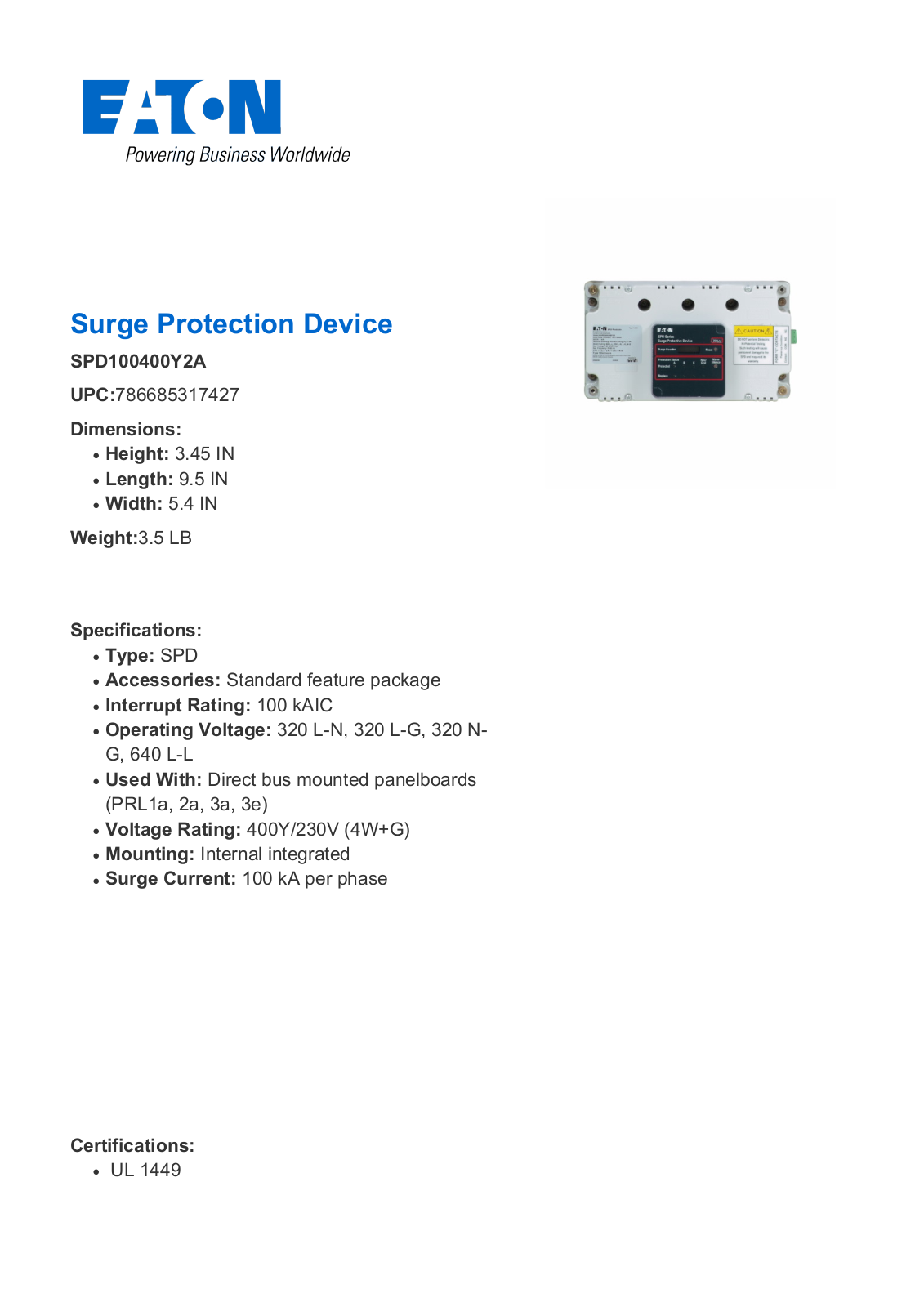 Cutler Hammer, Div of Eaton Corp SPD100400Y2A Data Sheet