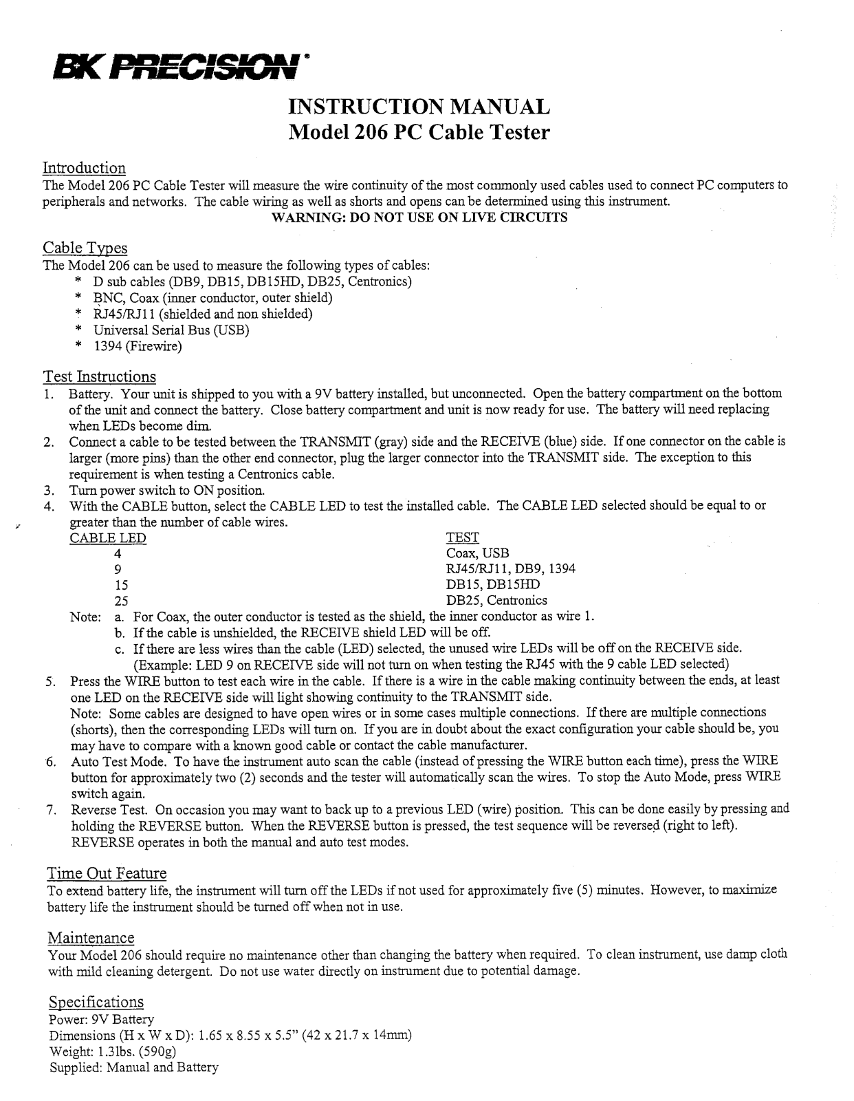 B&K Precision 206 Instruction Manual