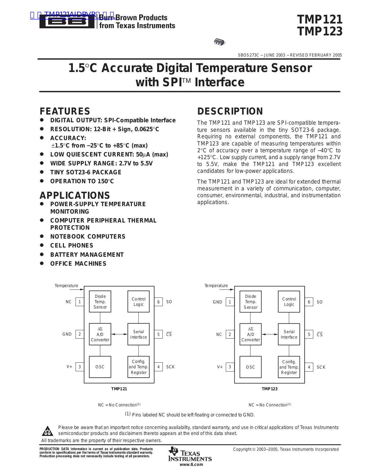 TEXAS INSTRUMENTS TMP121, TMP123 Technical data