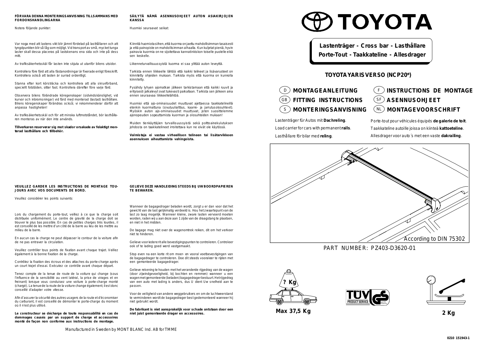 Toyota Yaris Verso Crossbars 2000 Owner's Manual