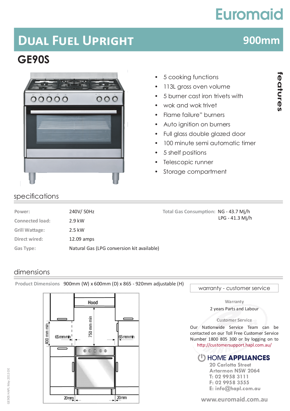 Euromaid GEAOL90PK Specification Sheet