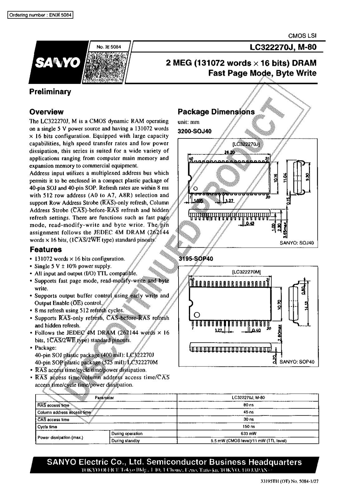 Sanyo LC322270M-80 Specifications