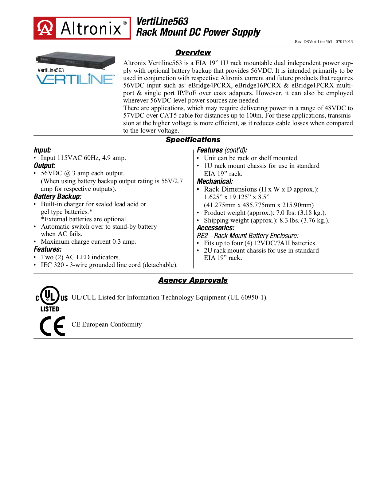 Altronix VertiLine563 Data Sheet