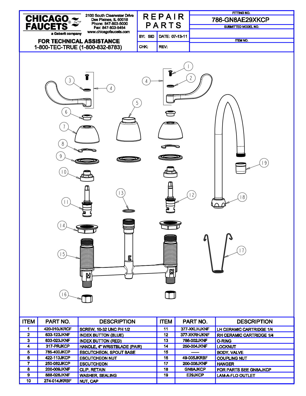 Chicago Faucet 786-GN8AE29XK Parts List