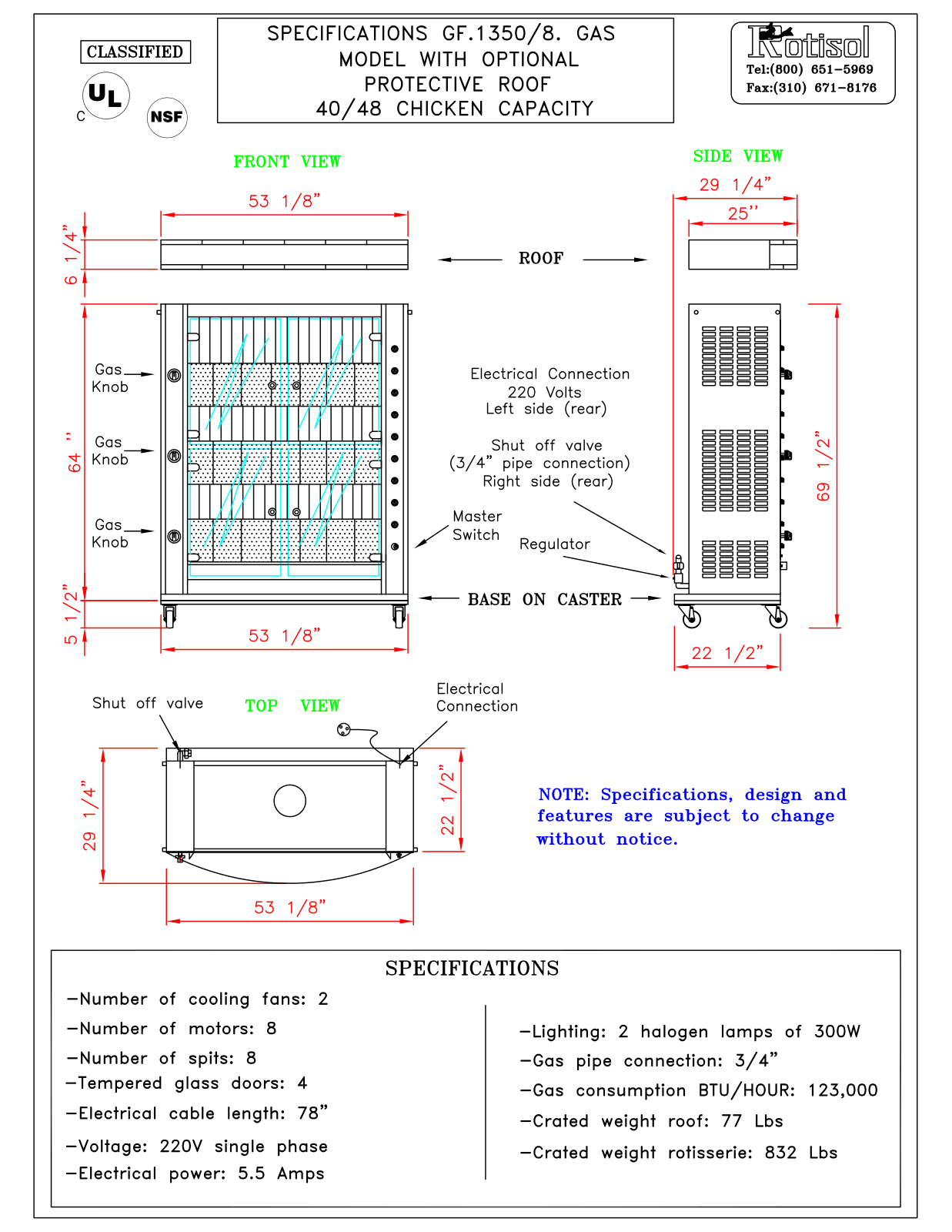 Rotisol spb138sr Specifications