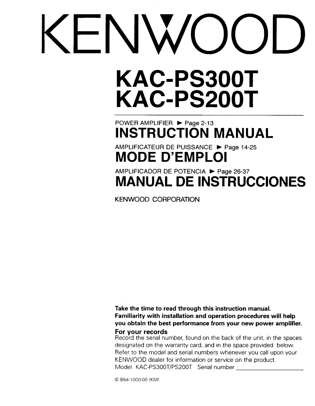 Kenwood KAC-PS200T, KAC-PS300T Owner's Manual