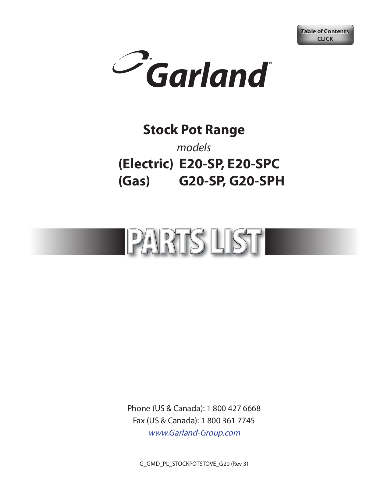 Garland E20-SPC PARTS LIST