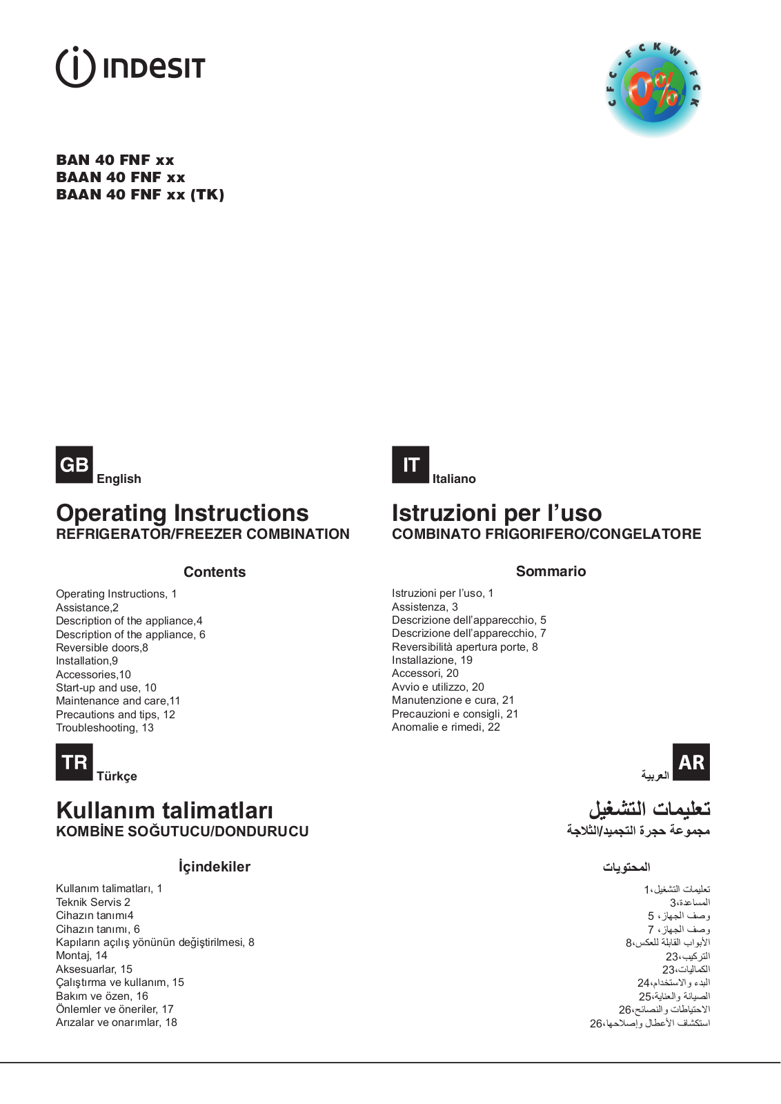 INDESIT BAAN 40 FNF (TK) Daily Reference Guide