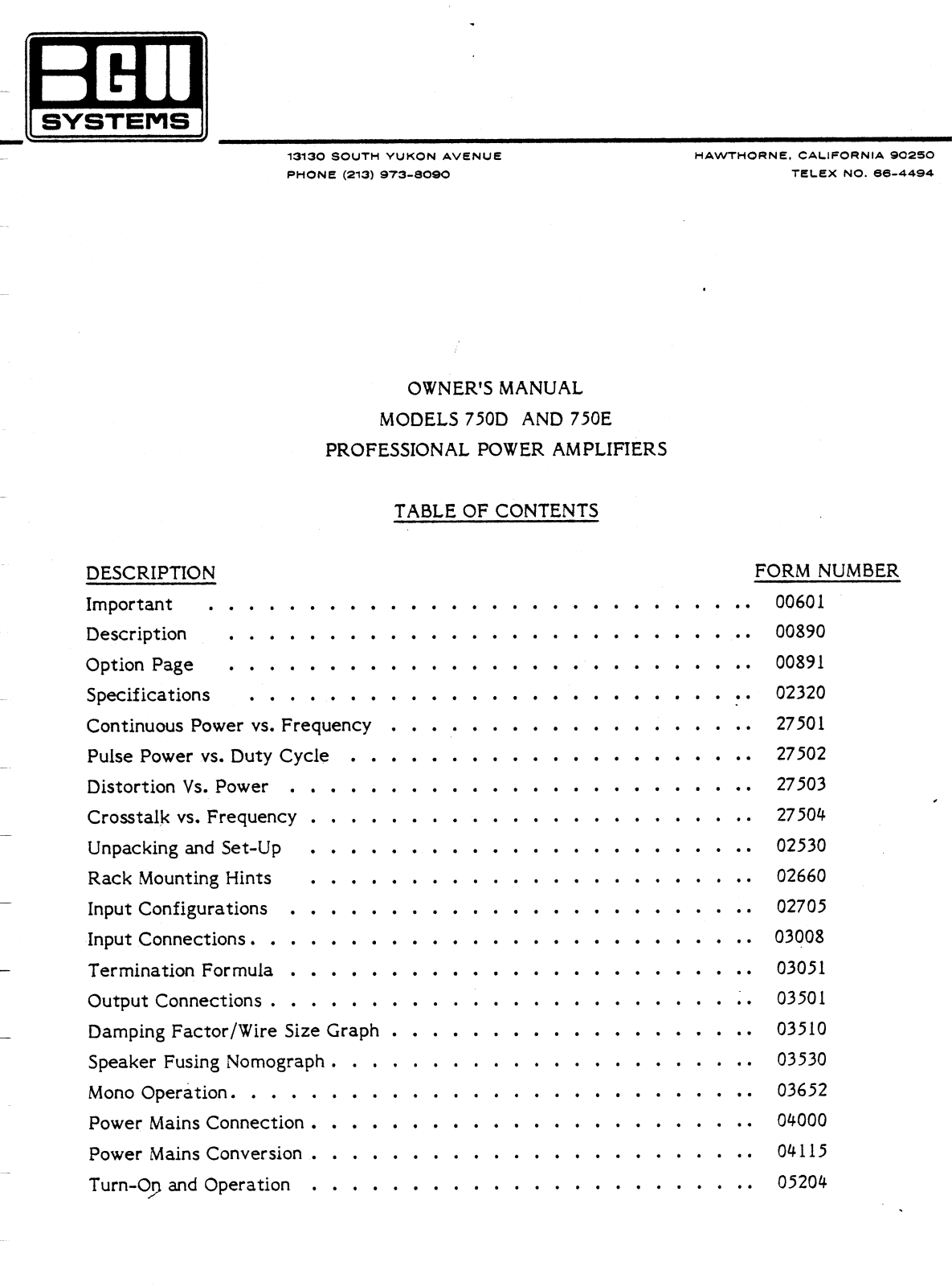 BGW 750-D Owners manual