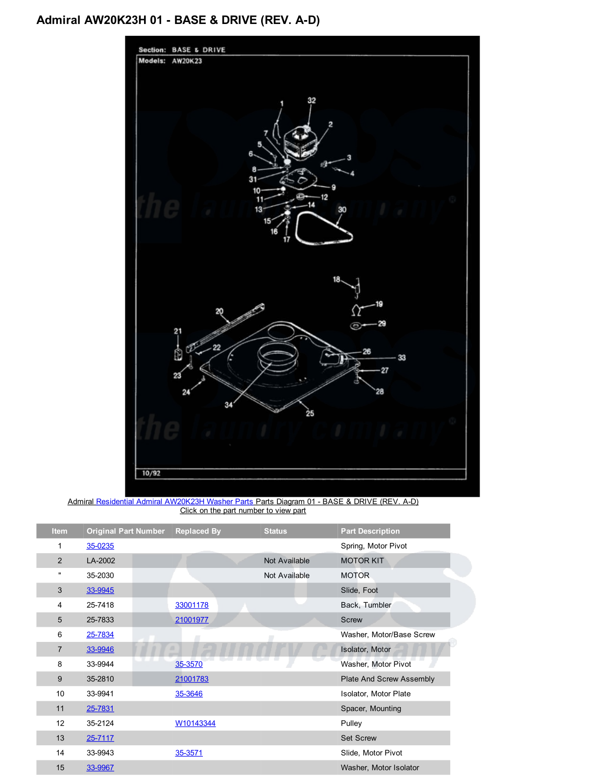 Admiral AW20K23H Parts Diagram