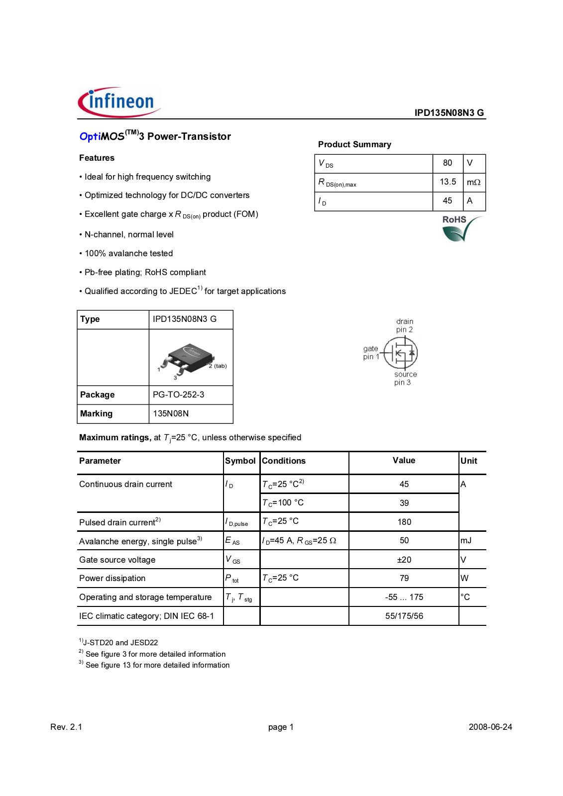 Datasheet ipd135n08n3_rev2.1 Datasheet - ManualMachine.com