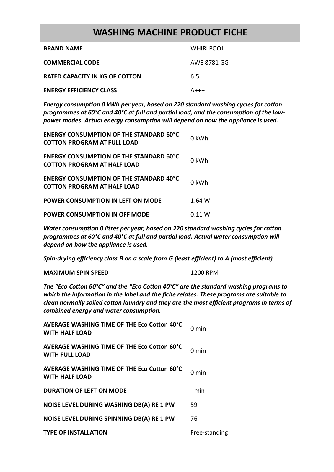 Whirlpool AWE 8781 GG, AWE 8785 GG, AWE 9852 GG INSTRUCTION FOR USE