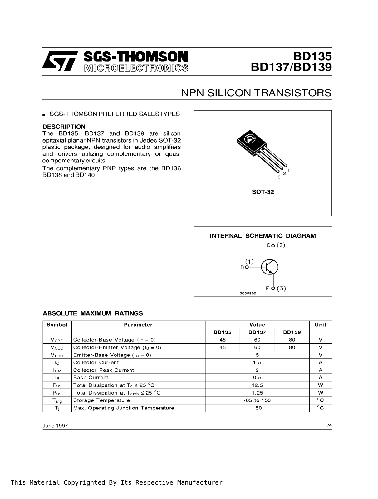 SGS Thomson Microelectronics BD137 Datasheet