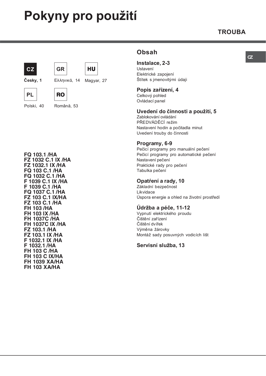 Hotpoint Ariston FH 103 XA/HA, FZ 103 C.1, FH 103 IX/HA User Manual