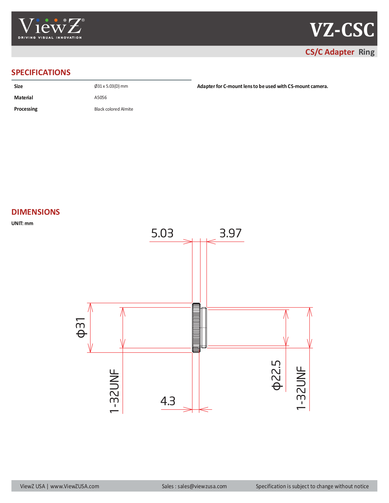 ViewZ VZ-CSC Specsheet