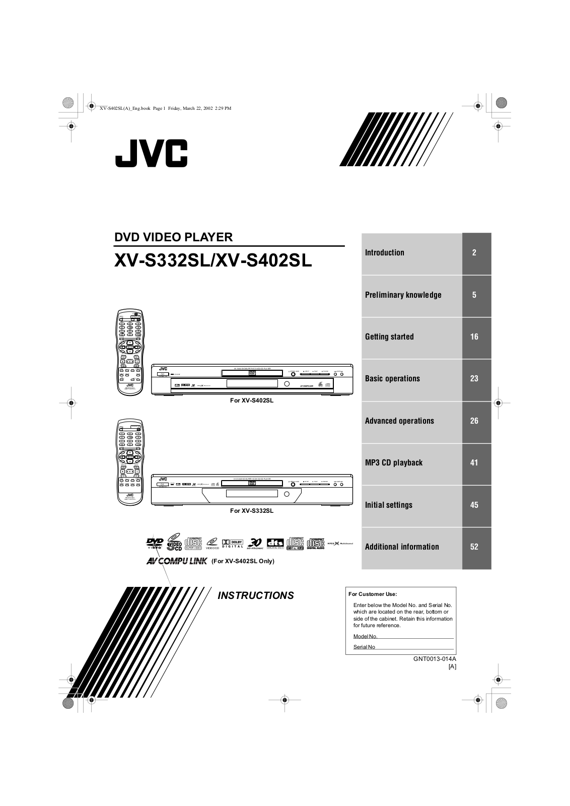 JVC XV-S332SL, XV-S402SL Instruction Manual