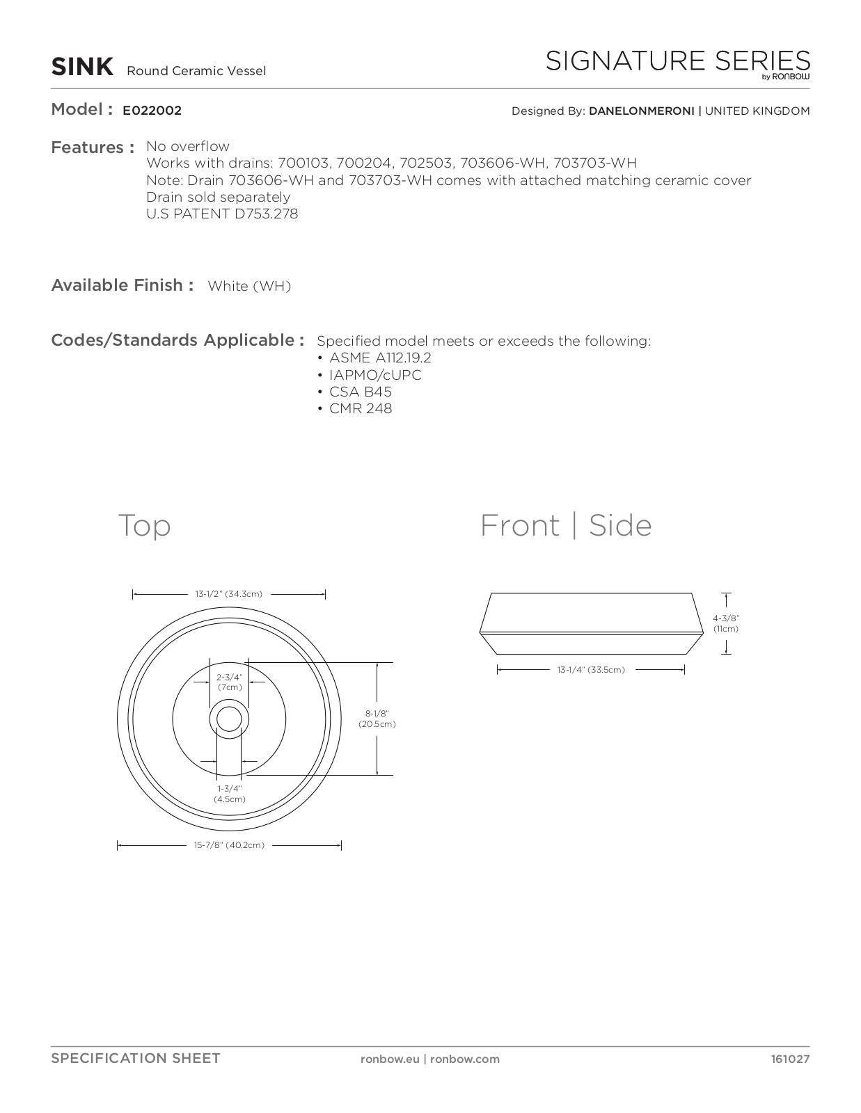 Ronbow RNB4322 Specifications Sheet