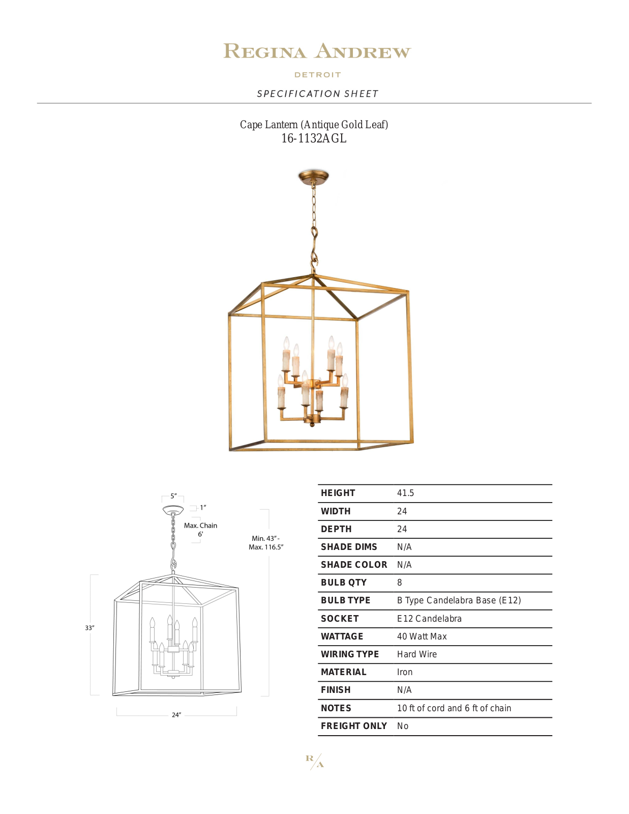 Regina Andrew FUY2235 Specifications